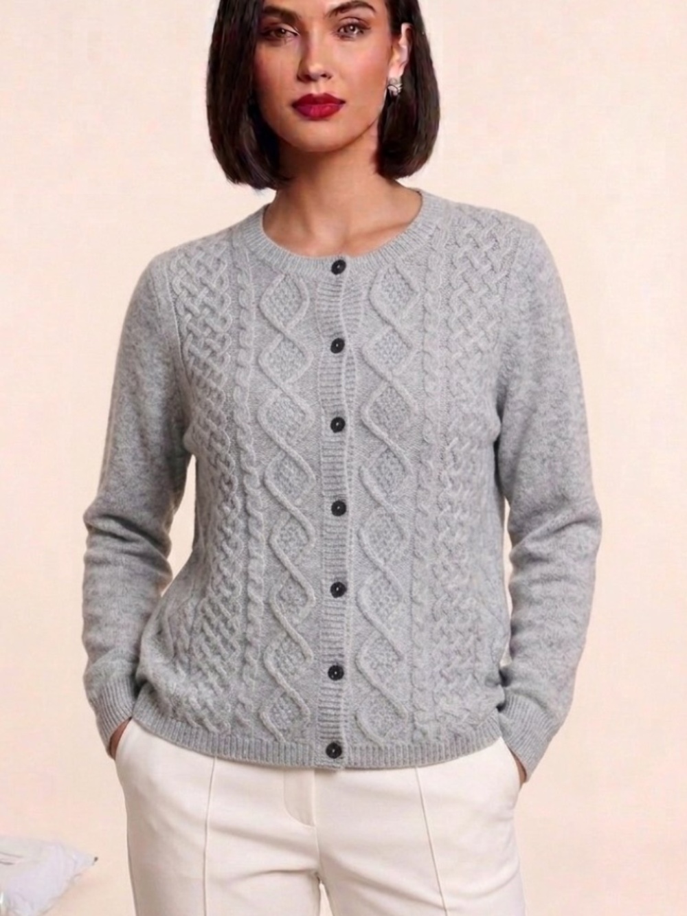 NWOT Isaac Mizrahi 100% Cashmere Cable Knit Cardigan Light Grey Heather